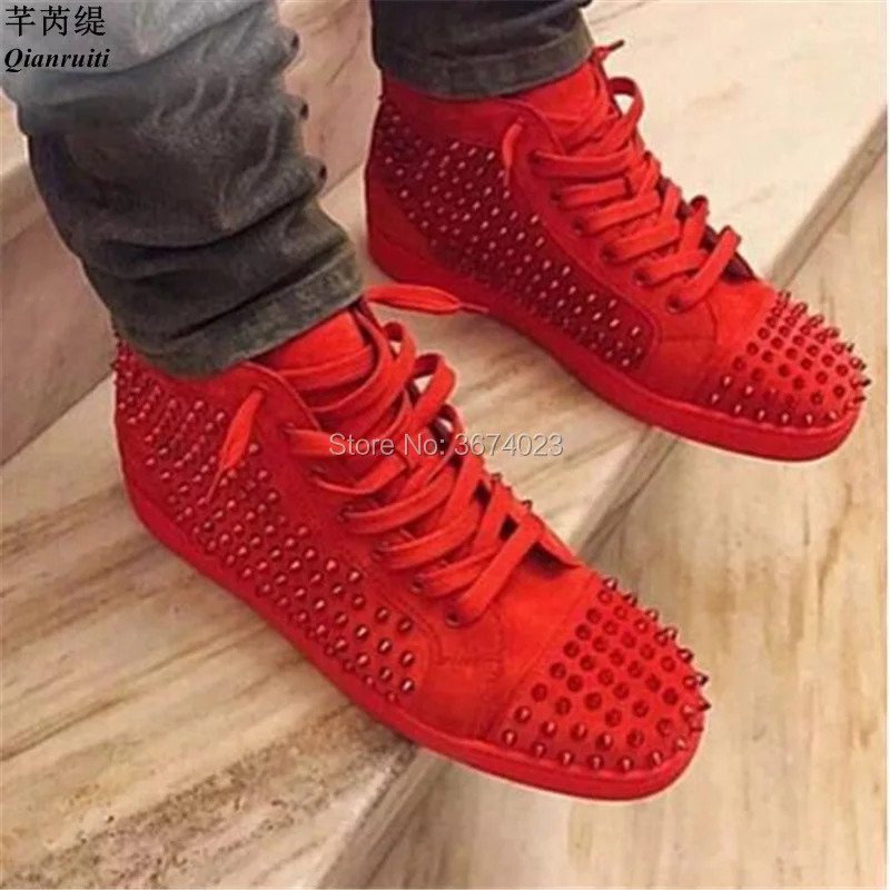 

Qianruiti Fashion Men Spiked Sneakers High Top Platforms Lace Up Rivet Studded Flats Casual Shoes Men Ankle Boots Runway