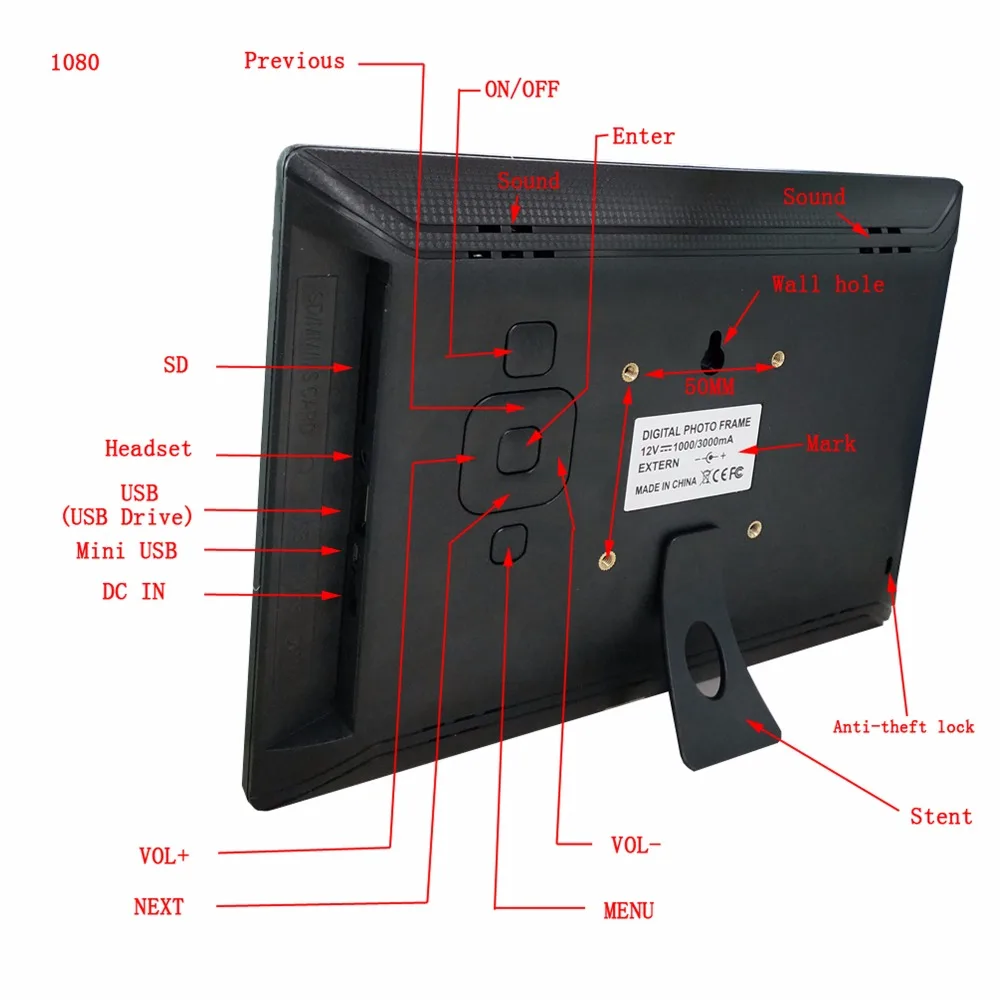 10-дюймовый IPS экран, видеоплеер, циклическое воспроизведение, цифровая фоторамка, цифровой альбом, поддержка SD-карты или USB-накопителя