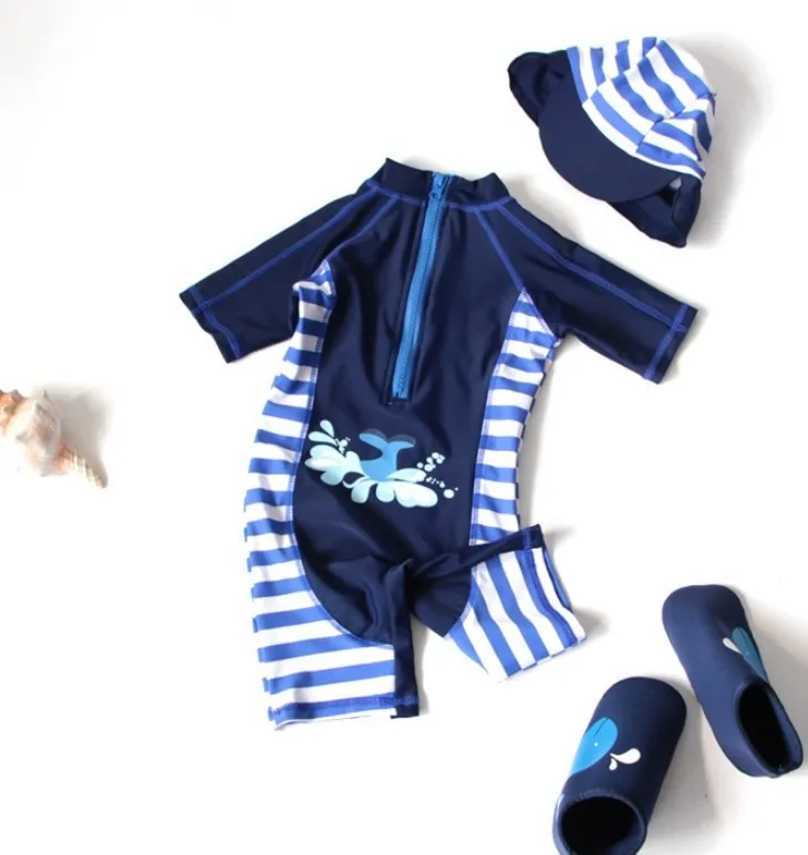 3079Hot Selling~Lovely Cartoon Whale Pattern3079Baby Boy Conjoined Swimwear with Swimming Cap/Beach Sunscreen Surfing Swimsuit