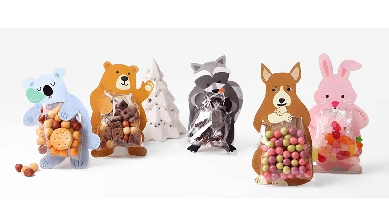 500pcs Cute Cartoon Animal Plastic Packaging Bags for Candies Cookies Biscuits Snack Baking with Paper Card W9928