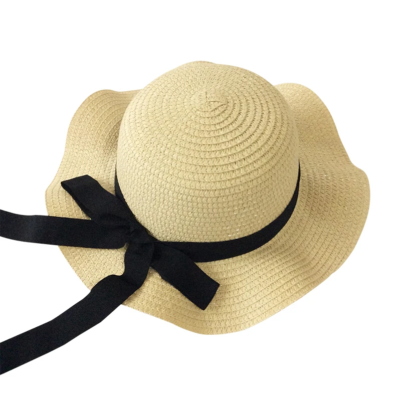 Girls Summer Cap Black Ribbon Decorate Wavy Straw Hat For Girls Children Panama Hat Kids Sun Cap Baby Beach Hats