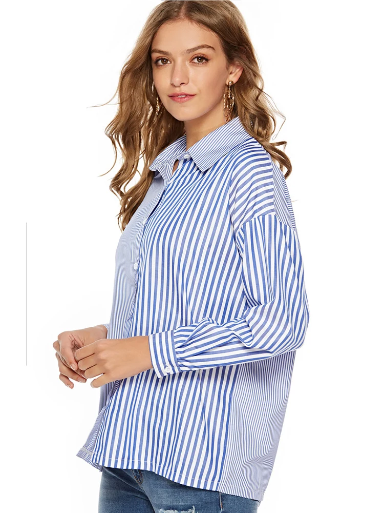 Blusa feminina manga comprida gola virada para baixo, camisa feminina listrada solta casual plus size 2019