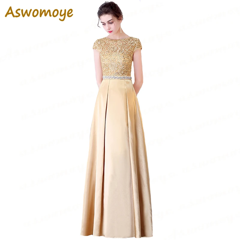 Aswomoye – robe de soirée de forme trapèze, tenue de soirée, manches courtes, broderie appliquée, effet d'illusion, col rond, Satin