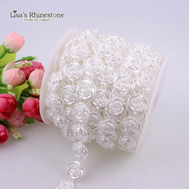 2 Yard Artificial Ivory White Rose Flower Lace Flatback Pearl Beads Chain DIY Garland Wedding Decoration