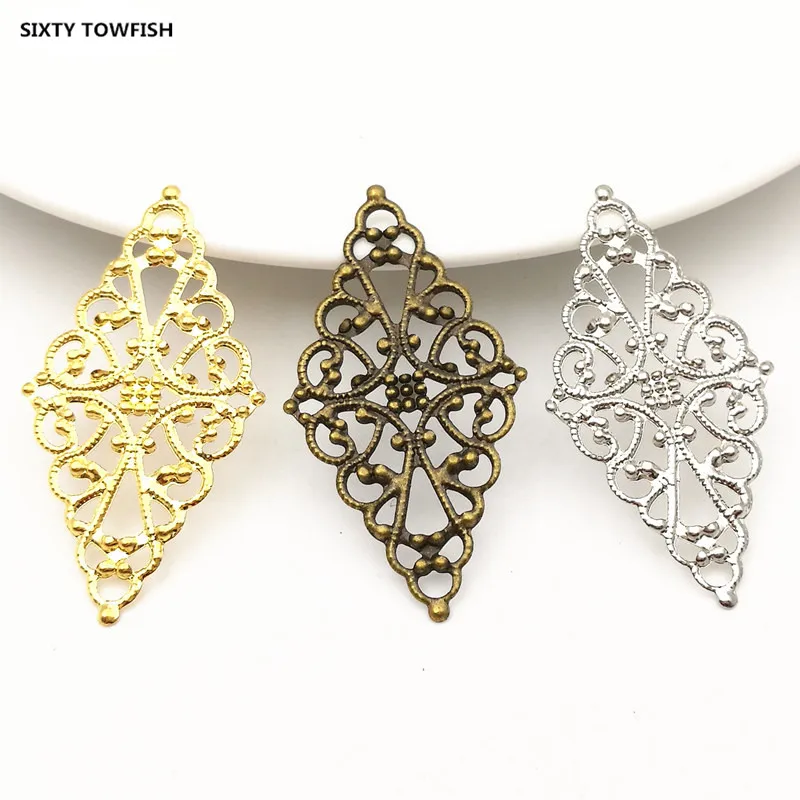 20pcs/lot 24x43mm 3Colors Metal Rhombus Filigree Flowers Slice Charms Settings DIY Jewelry Components