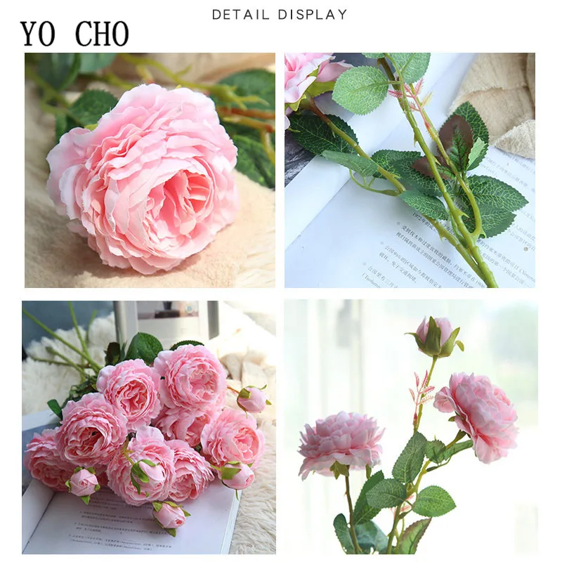 YO CHO Rose Artificial Flowers 3 Heads Pink White Peonies Silk Flower Wedding Garden Decoration Fake Flower Bouquet Peony Color