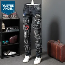 Pantalones vaqueros de marca famosa para hombre, Jeans bordados de lujo, ajustados, rasgados con agujeros, rectos de motorista, nuevo diseño