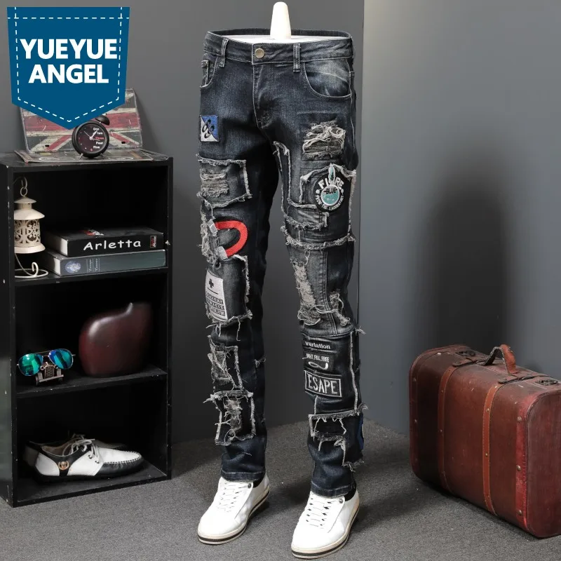 New Designer Men Jeans Famous Brand Luxury Embroidered Jeans Slim Fit Mens Hole Ripped Biker Straight Denim Pencil Pants