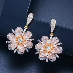 CWWZircons 3 Tones Rose And Yellow Gold Color Jewelry Fashion Micro Pave Cubic Zirconia Flower Drop Earrings for Women CZ356