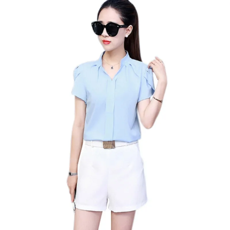 Women Shirt Chiffon Blusas Femininas Tops Short Petal Sleeve V-neck Elegant Ladies Formal Office Blouse Chiffon Shirt