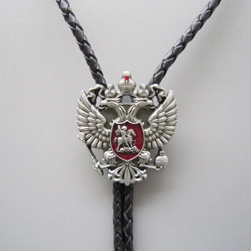 Antique Silver Russian Double Headed Empire Eagle Rhinestone Bolo Tie Necklace Neck Tie also Stock in the US