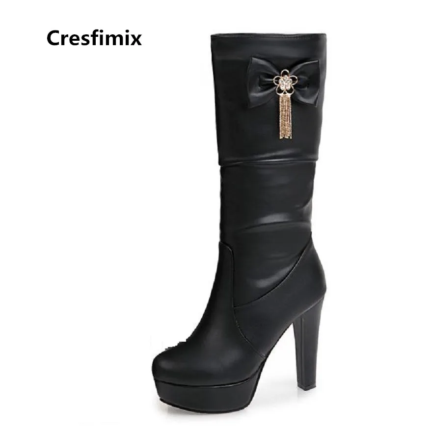 Cresfimix botas femininas women fashion comfortable pu leather long boots lady cute black high heel boots cool shoes c2336