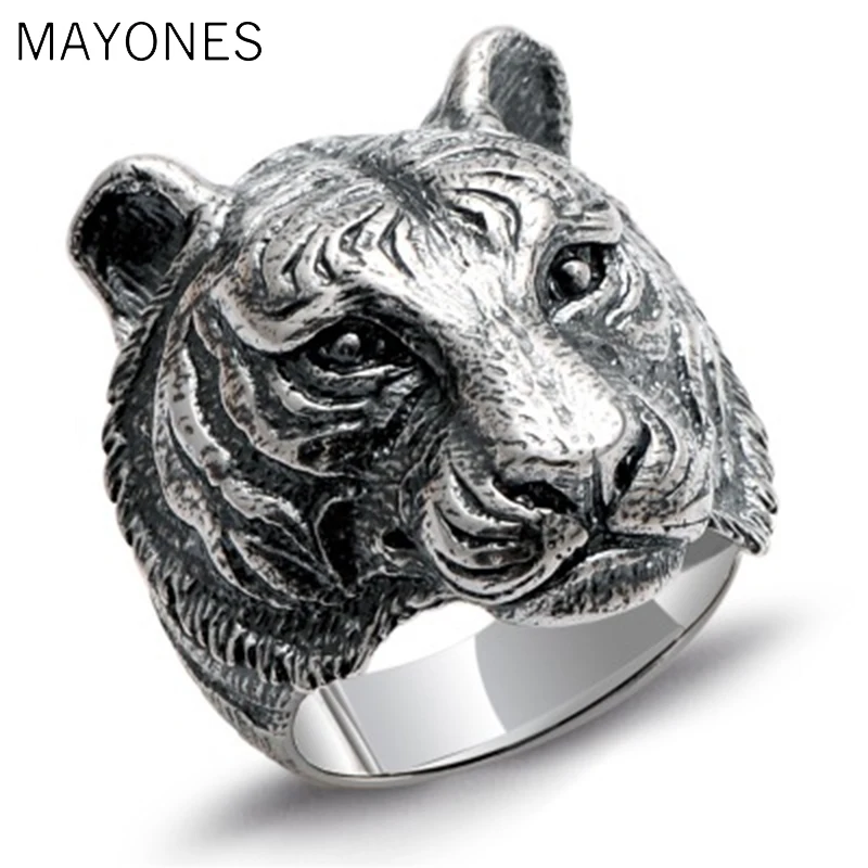 MAYONES  Real 925 Sterling Silver Tiger Ring For Men Twelve Zodiac Retro Vintage Cool Big Mens Biker Ring Animal Fine Jewelry