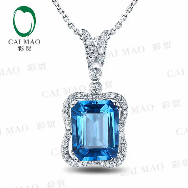 CaiMao 18KT/750 White Gold 3.78 ct Natural IF Blue Topaz & 0.22 ct Full Cut Diamond Engagement Gemstone Pendant Jewelry