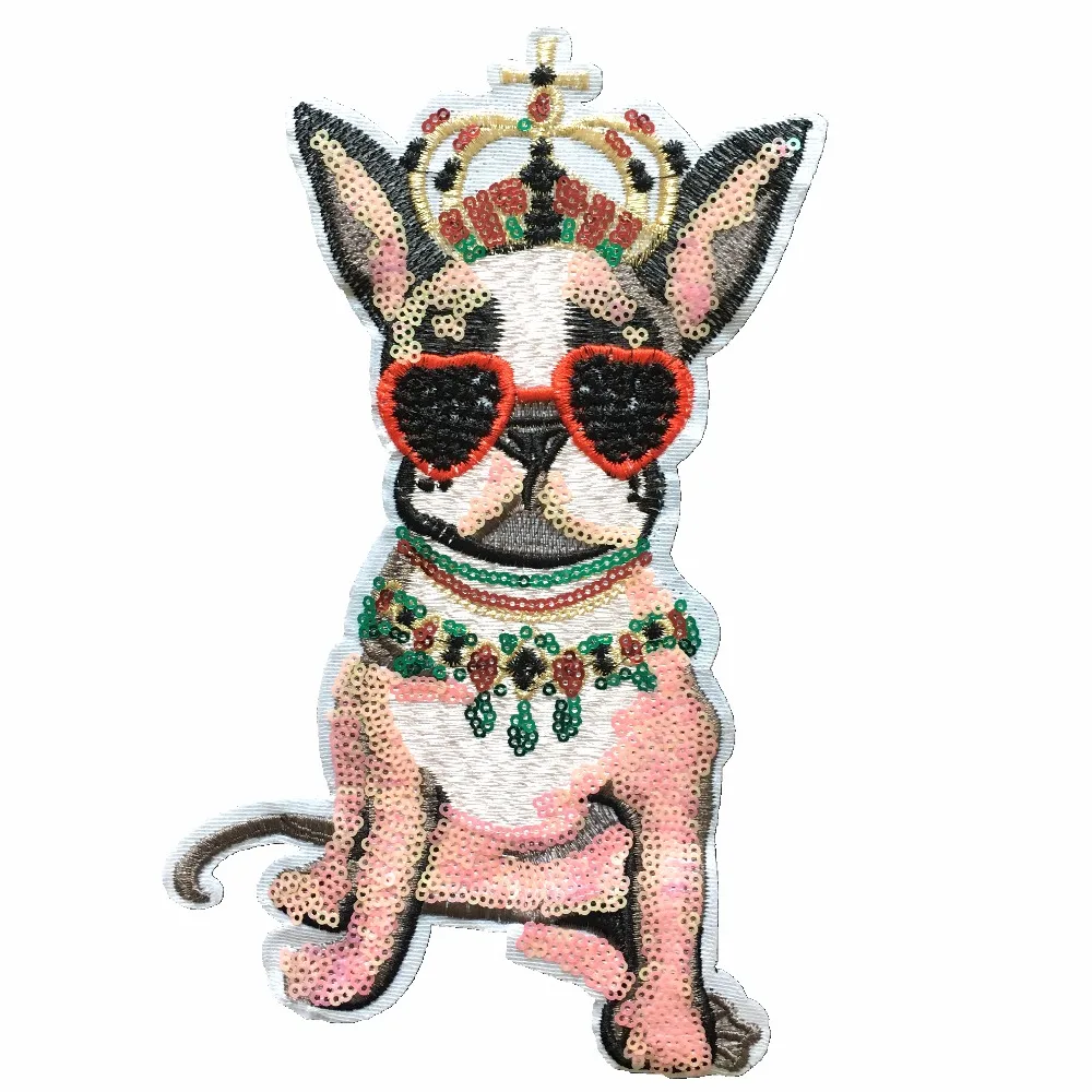 Crown Pug Dog Patches Sew on Decorative Patch for Clothes Bag Big Motif Sequined Embroidery Applique 3D FASHION GOD STICKERS