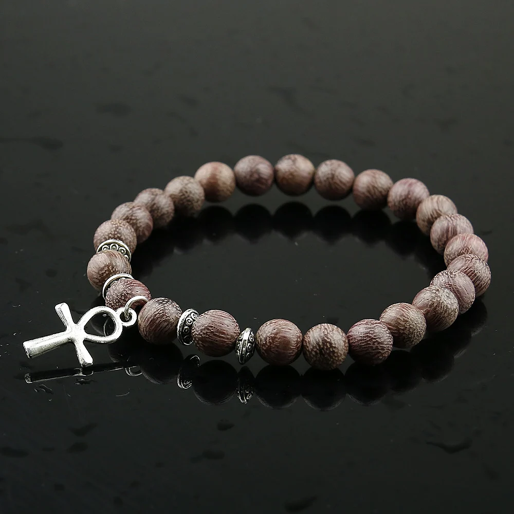 Men Wood Beads Bracelets Natural Violets Wood Egyptian Ankh Cross Bead Bracelet Wooden Women Girls Egypt Hieroglyphs,Crux Ansata