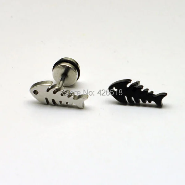 Fish bones Not fade white black Stainless steel Punk Hiphop Men Screw Back (pierced) stud earrings