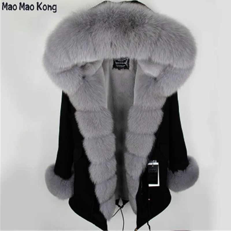 

Black Fur Parka With Detachable Fur Women Winter thick Jacket Genuine Fox Fur Hood Long Coat Female purple fur parka