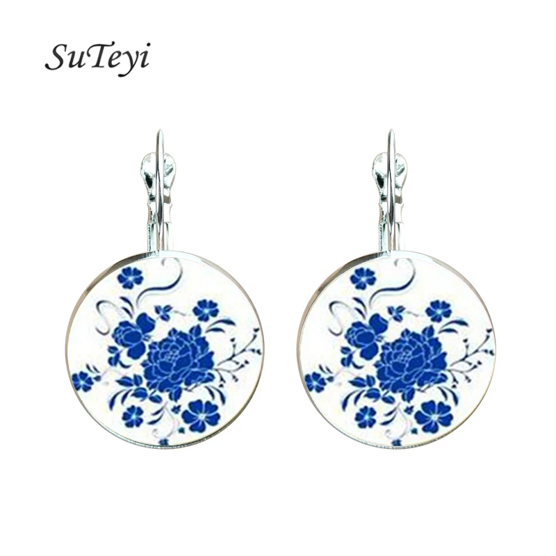 Vintage Mandala Flower Earrings Ethnic Blue And White Porcelain Glass Dome Earrings For Women