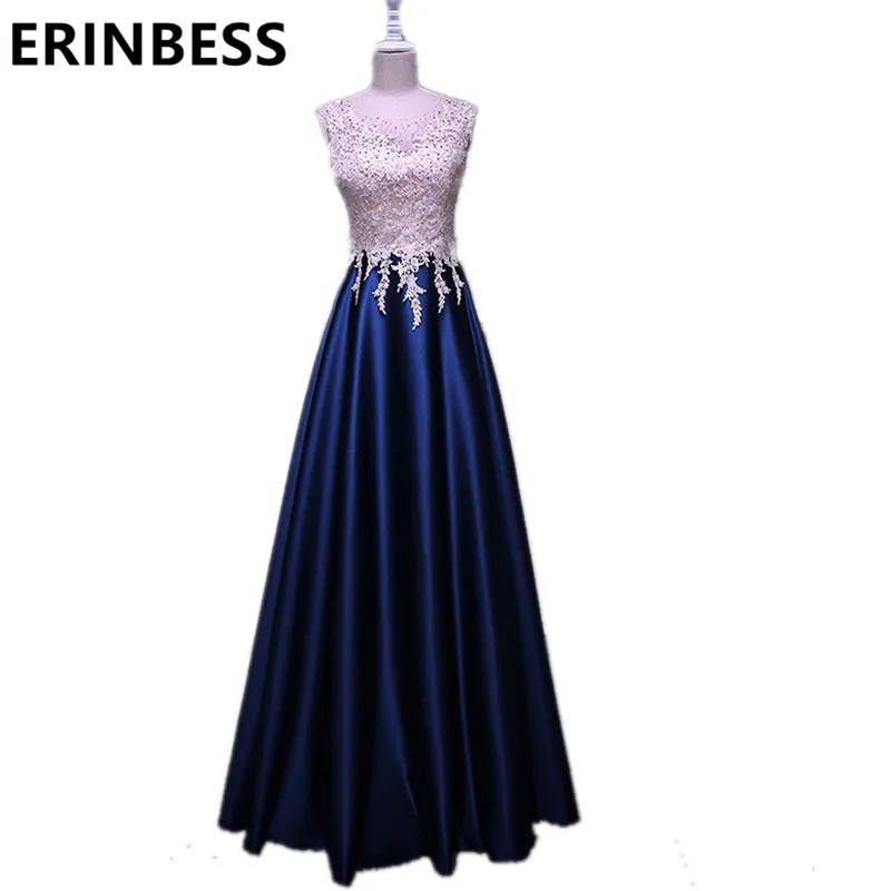 

robe de soiree longue White And Dark Blue Lace Appliques Beaded Evening Dresses Long Satin Mother Of The Bride Dresses