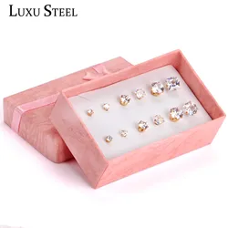 LUXUSTEEL White Crystal Size 3mm/5mm/7mm Mixed Style Round/Square Cubic Zirconia 6pairs/Boxes Earrings Sets Female Bijoux Gift