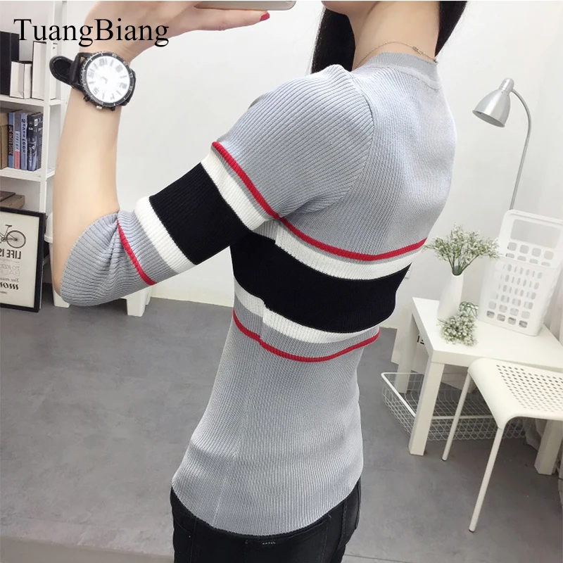 2023 Spring Women Half Sleeve Sweaters Slim O-Neck Striped Pullovers Sweaters Female Autumn Elasticity Bottoming Cotton Jumpers