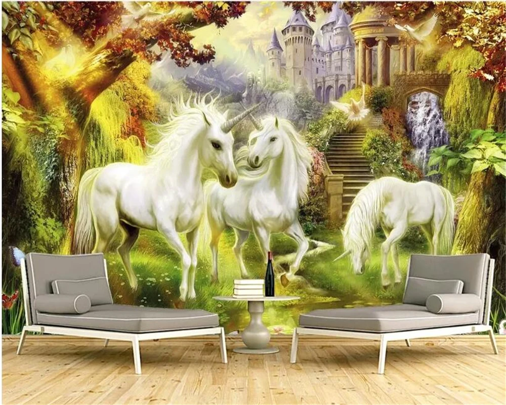 

Beibehang Custom 3d wallpaper HD white horse unicorn woods castle landscape European oil painting background wall 3d wallpaper