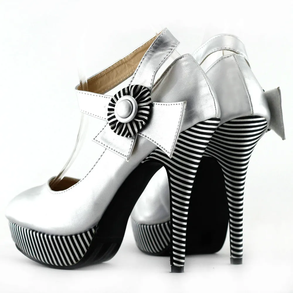 LF30404-4 New Ladies Flower Ankle Strap Stripe Platform Party Pumps