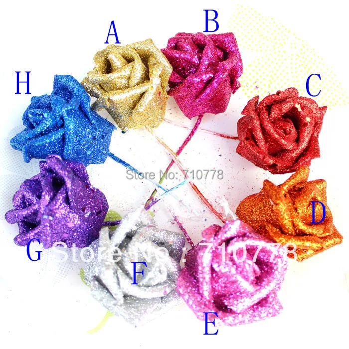 

100PCS 8 color artificial pe glitter rose gold powder rose with stem diy wedding arch flower ball bouquet decoration