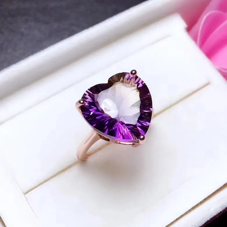 Simple heart-shaped gemstone Natural amethyst lady ring, 925 silver, novel craftsmanship, beautiful colors.