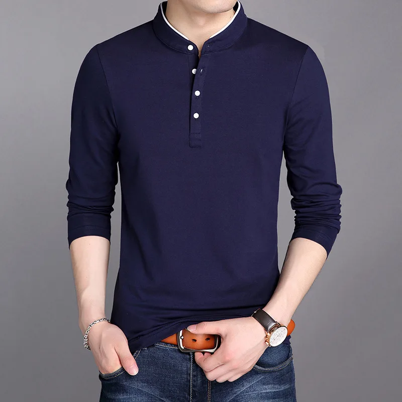 

MRMT 2024 Brand New Autumn Men's T-shirt Four-button Long-sleeved T-shirt for Male Vertical Collar Pure Color Tops Tshirt