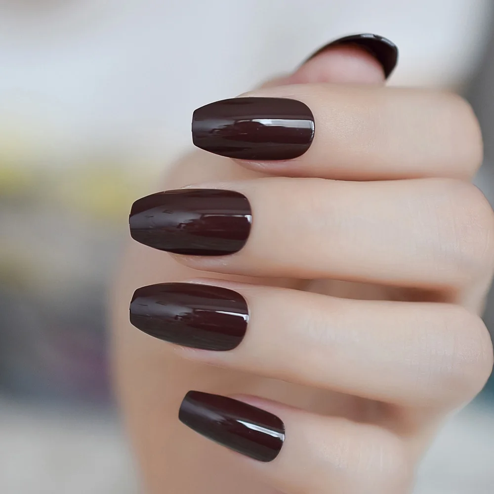 Sarg Nägel Dark Kaffee Braun Ballerinas Falsche Gefälschte Nägel Schokolade Quadratischen Kopf Ballerina Volle Abdeckung UV Finger Nail art Tipps