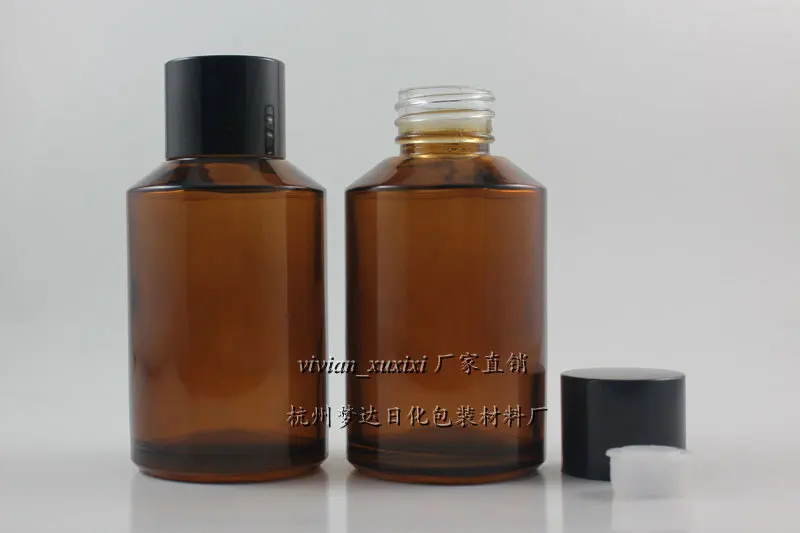 

125ml amber/brown Glass bottle With black aluminum screw cap and reducer.for Essential Oil/liquid cream/lotion,glass Container