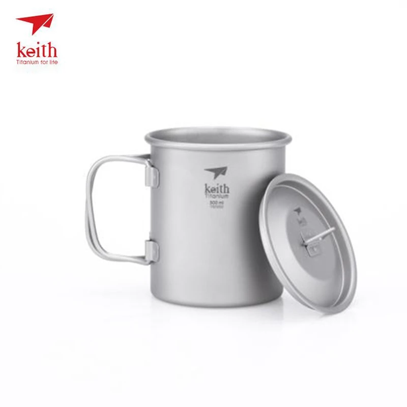 Keith Titanium Mug Folding Handle Single Wall Cup Outdoor Camping Travel Hiking Drinkware Cups With Titanium Lid 220ml-900ml