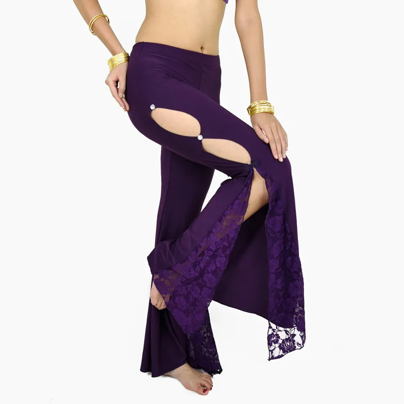 Women Belly Dance pants lady Side slit lace practice senior crystal cotton bellydance Long Flared Trouser Professional dancewear