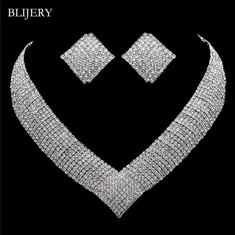 BLIJERY Luxury Statement Geometric Wedding Jewelry Sets for Women Full Rhinestone Crystal Necklace Earrings Bridal Jewelry Sets