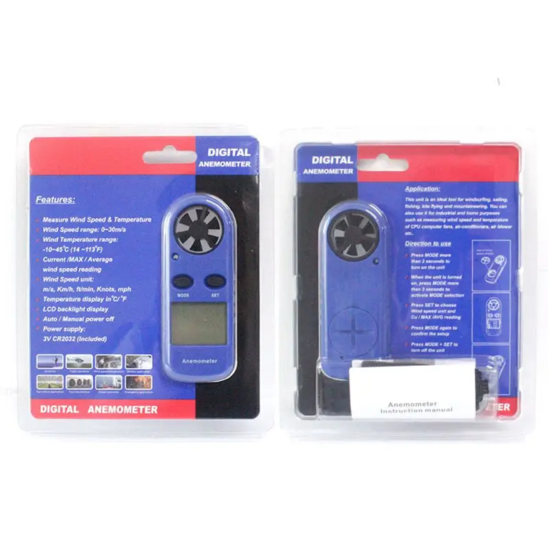 Mini Digital Anemometer 0-30m/s Wind Speed Meter -10~45C Temperature Tester Anemometro LCD Backlight Air Velocity Measure Tools