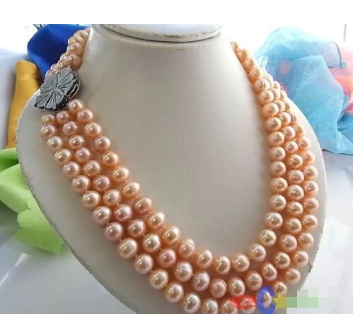 

FREE SHIPPING 3ROW 7-8mm PINK ROUND FRESHWATER CULTURED PEARL NECKLACE SHELL p848 ^^^@^Noble style Natural Fine jewe &