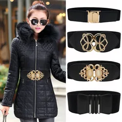 New Black Waistband Lady Gold Big Opal Buckle Wide Cummerbunds Wedding Dress Elastic Stretch Waist Belt Coat Cummerbunds Women