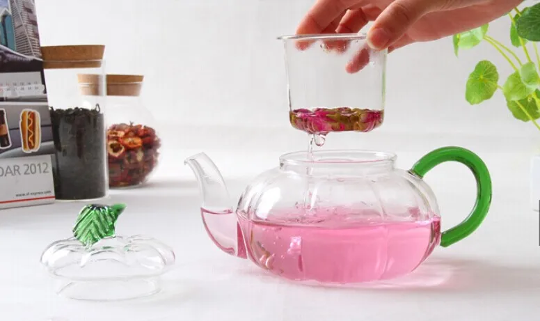 1PC new arrival heat resistant glass green leaf teapot  750ml one pc price high quanlity OL 0122