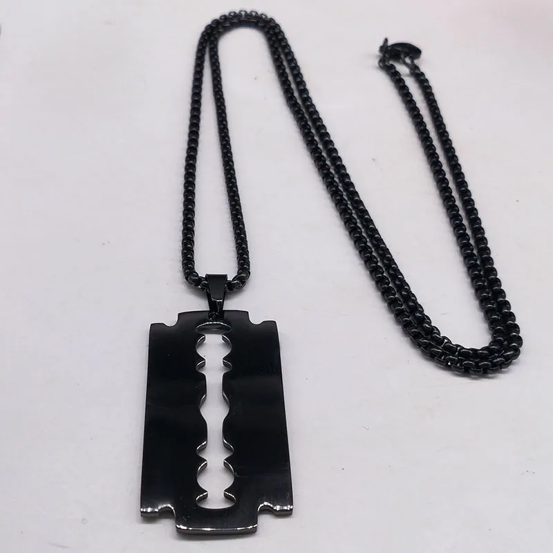 Gothic Blade Razor Pendant Necklaces Men Black Color Stainless Steel Chain Necklace Aesthetic Jewelry collier homme N423S01