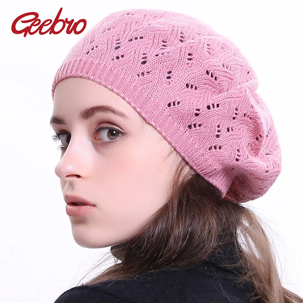 Geebro Women\'s Plain Color Knit Beret Hat Ladies French Artist Beret Hats Spring Casual Thin Acrylic Berets for Women Beanie