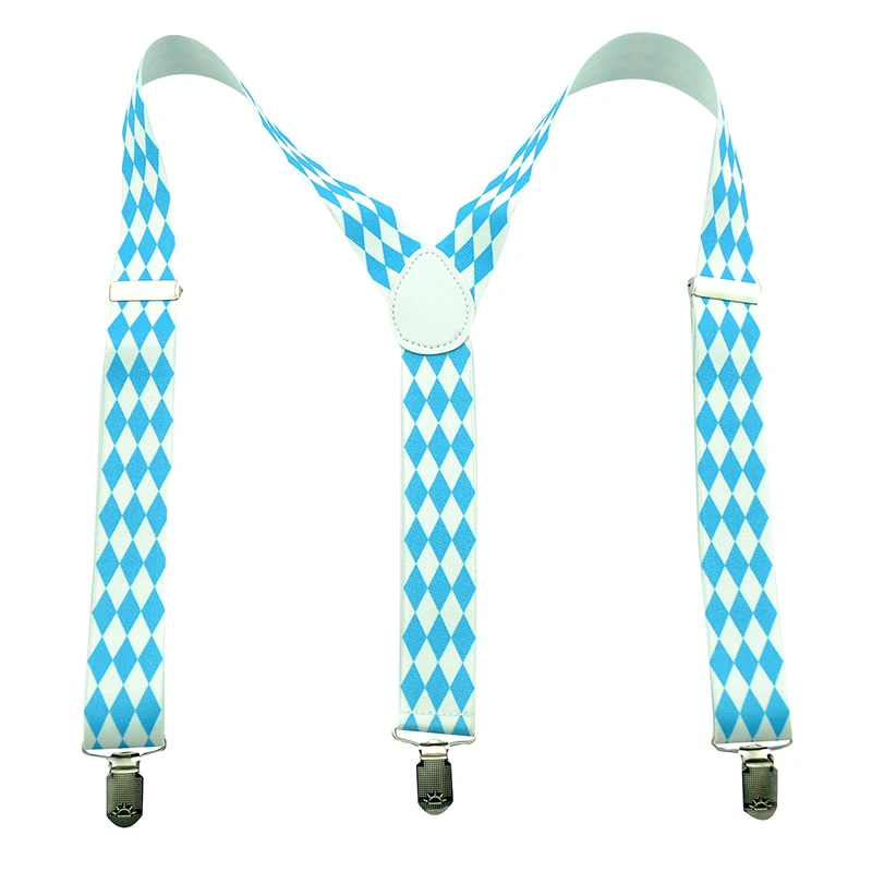 35mm wide suspender for men White Sky Blue Diamond Check Braces Men Suspenders Casual Clothing Trouser Clip on Yback Plaid strap