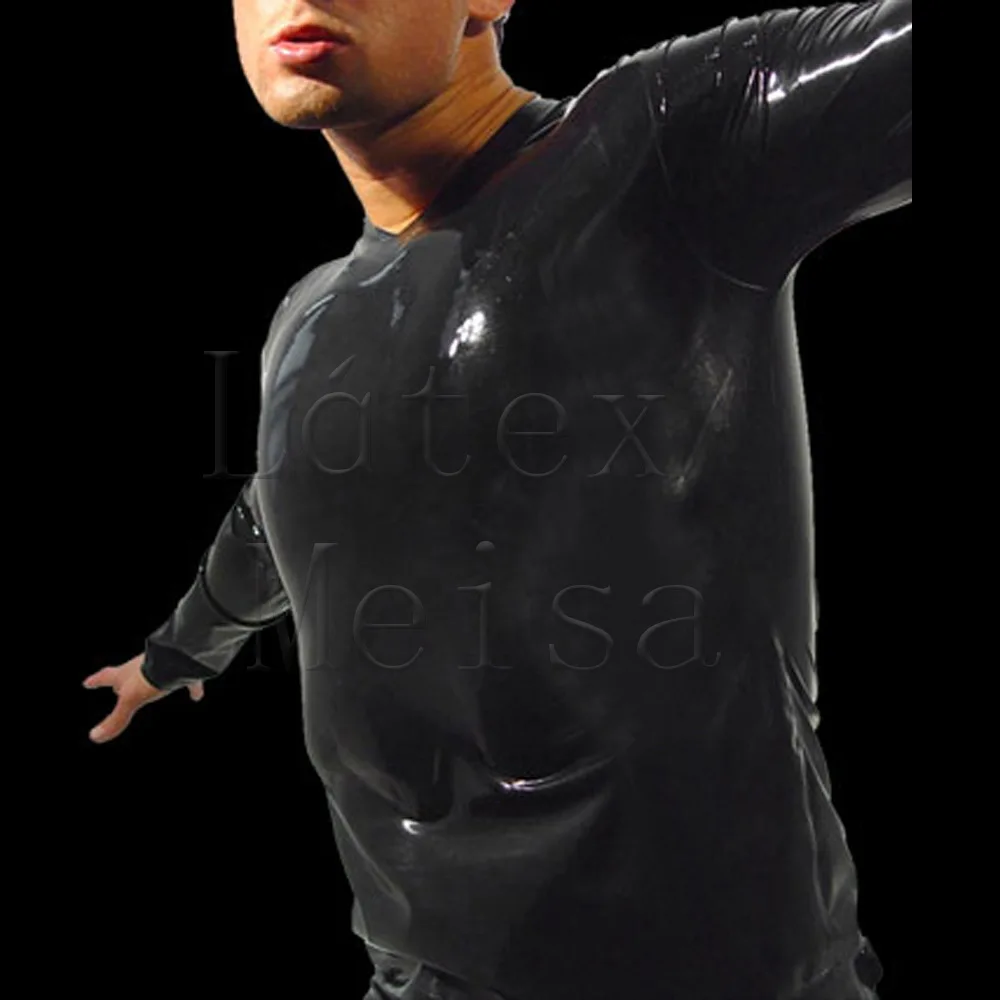 V-Neck design sexy black latex top long sleeve latex t-shirt in solid black color for men