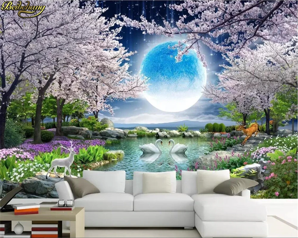 

beibehang Custom photo wallpaper mural moonlight beauty moon flower good moon round cherry tree landscape painting TV background