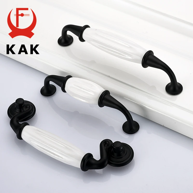 KAK Ceramic Black White Cabinet Handles Drawer Knobs Zinc Alloy Wardrobe Door Handles Pulls Simple European Furniture Handle