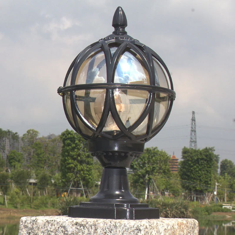 ‌European Waterproof Rust-Proof Bronze Decorative Outdoor Post Lamp with Glass Globe & Die-Cast Aluminum, E27 Bulb for Garden