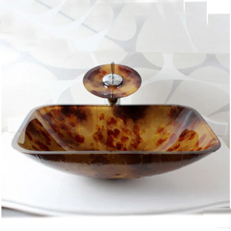 Tempered 42cm Square brown Glass Countertop Bathroom Basin Sink Glass Basin + Tap