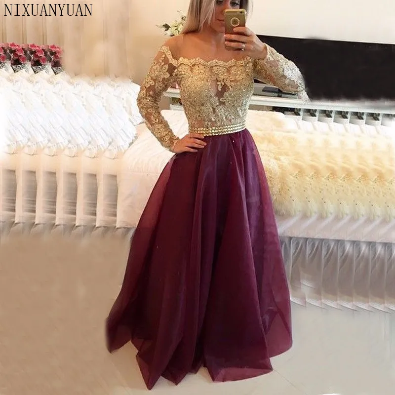 

Hot Sale Ball Gown Long Sleeve Burgundy Organza Lace Beaded Evening Dresses 2021 Robe De Soiree Dress Custom made Party dresses