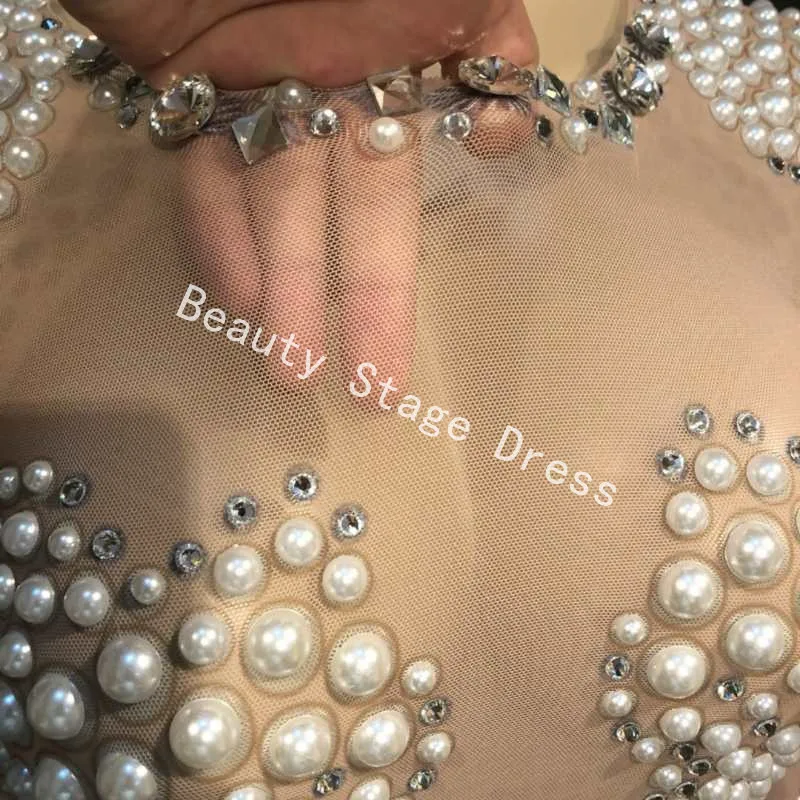 Sparkly Pearls Crystals Mesh Dress Sexy Rhinestones Perspective Dress Stage Outfit Wear Evening Celebrate Dance Costume Wear